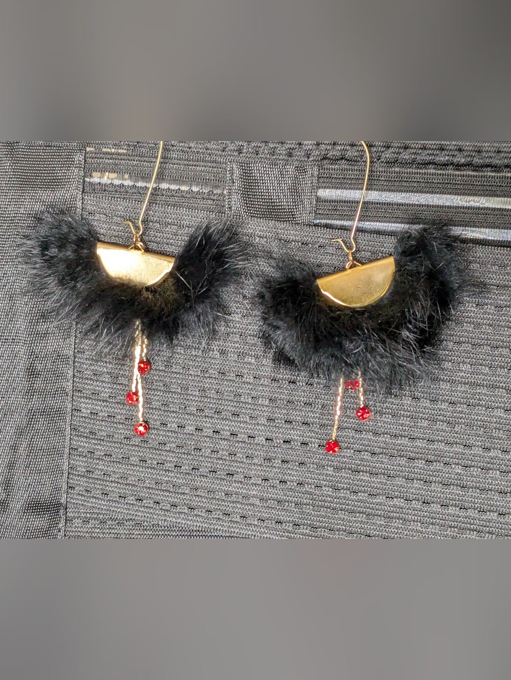 Elegant Native American Black Fur Red Rhinestone Gold Drop Statement Earrings